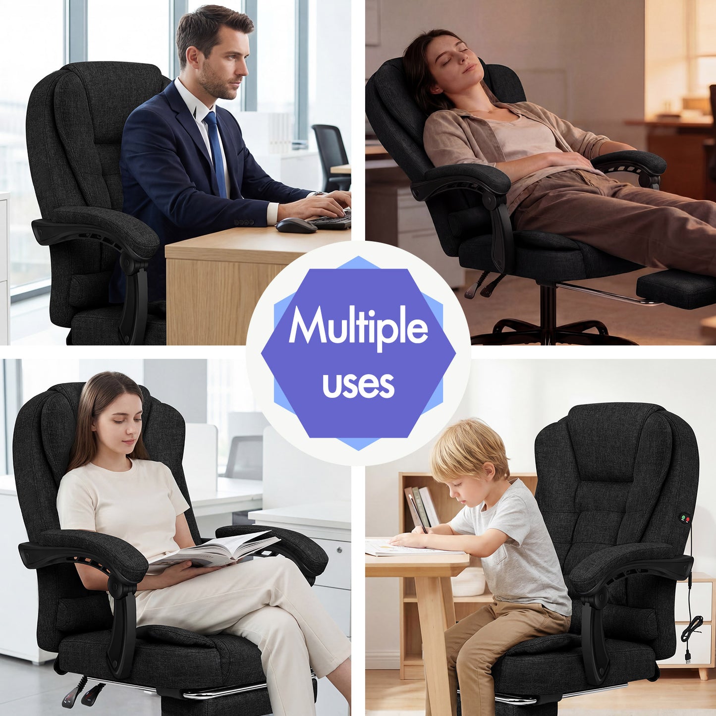 ELFORDSON Massage Office Chair with Footrest Executive Gaming Seat Breathable Fabric Upholstery, Black