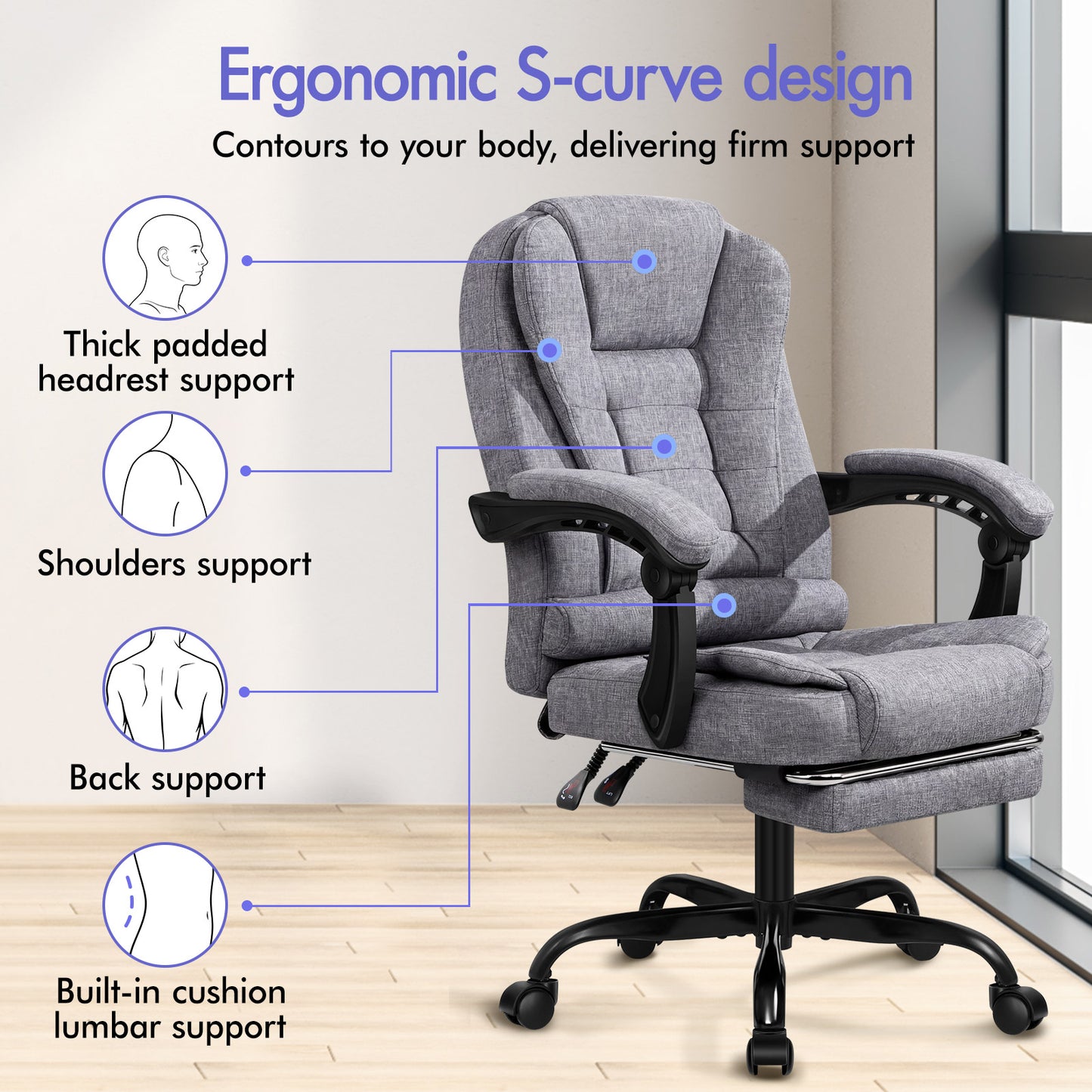 ELFORDSON Massage Office Chair with Footrest Executive Gaming Seat Breathable Fabric Upholstery, Grey