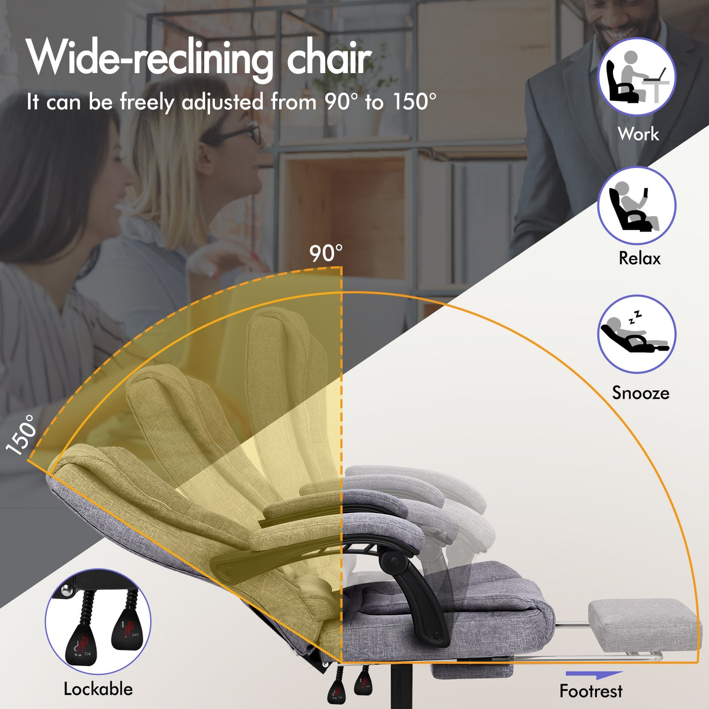 ELFORDSON Massage Office Chair with Footrest Executive Gaming Seat Breathable Fabric Upholstery, Grey
