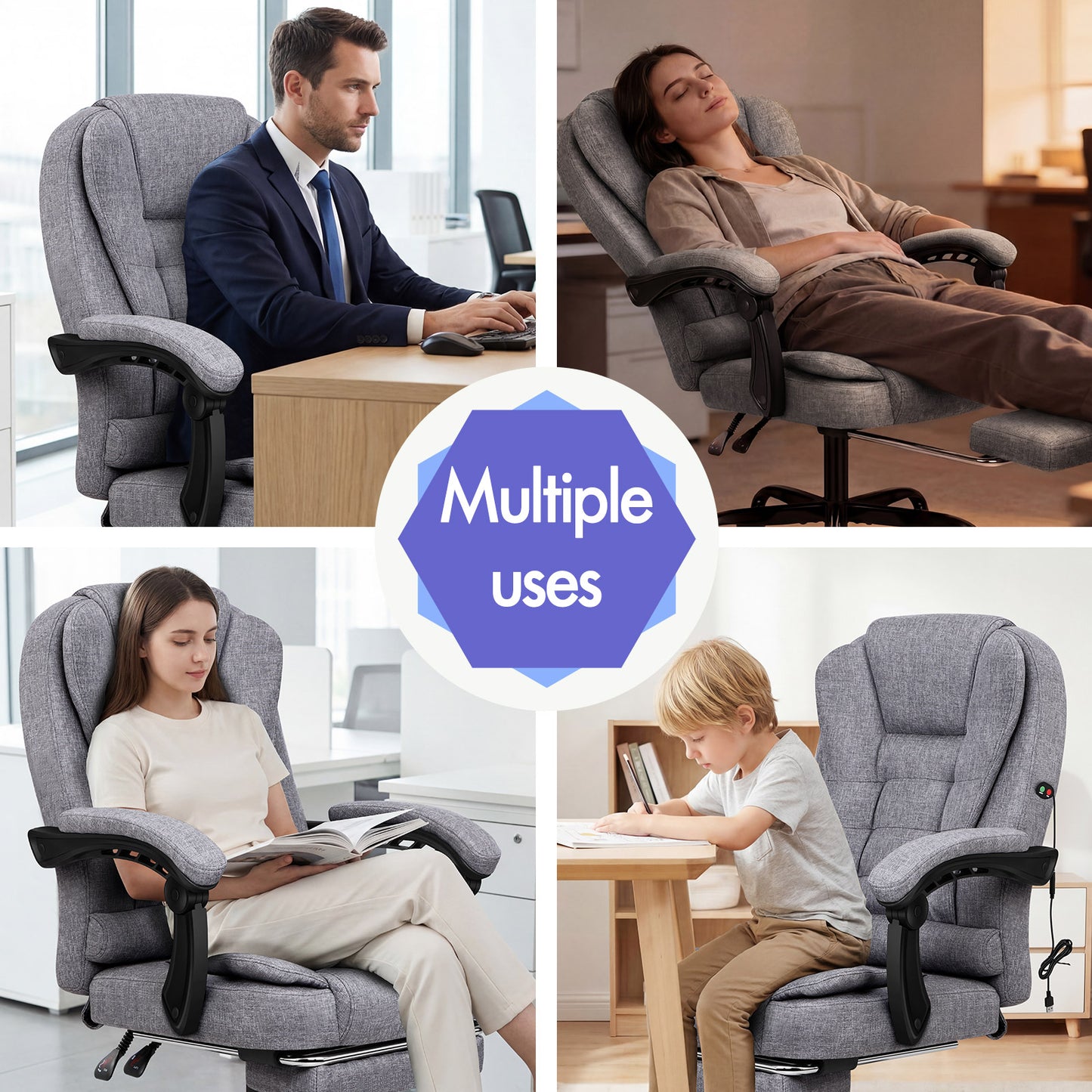 ELFORDSON Massage Office Chair with Footrest Executive Gaming Seat Breathable Fabric Upholstery, Grey