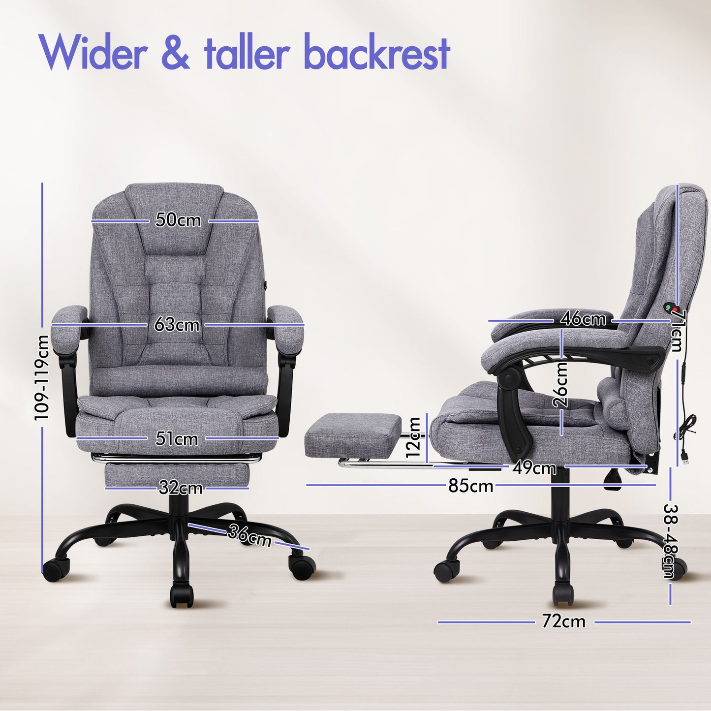 ELFORDSON Massage Office Chair with Footrest Executive Gaming Seat Breathable Fabric Upholstery, Grey