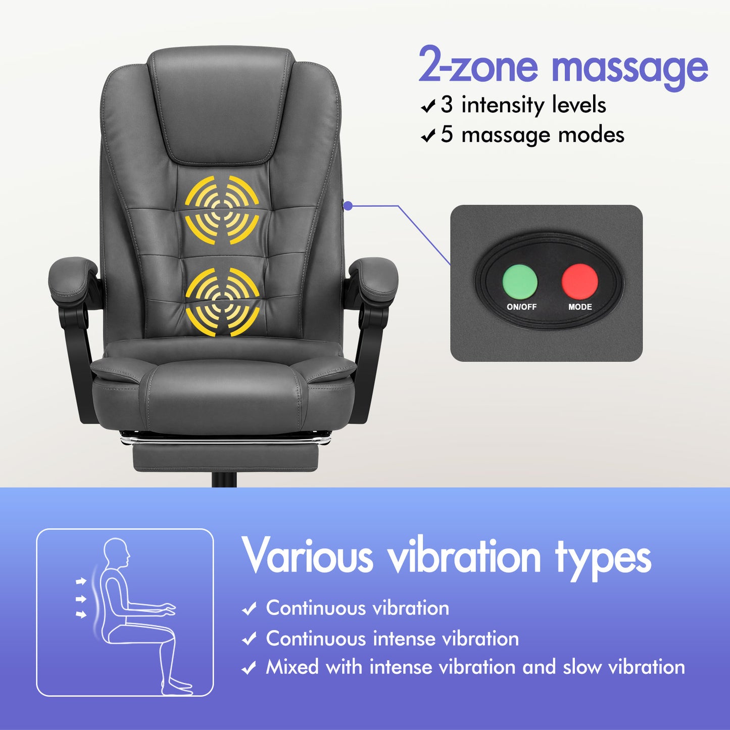 ELFORDSON Massage Office Chair with Footrest Executive Gaming Seat Leather Grey