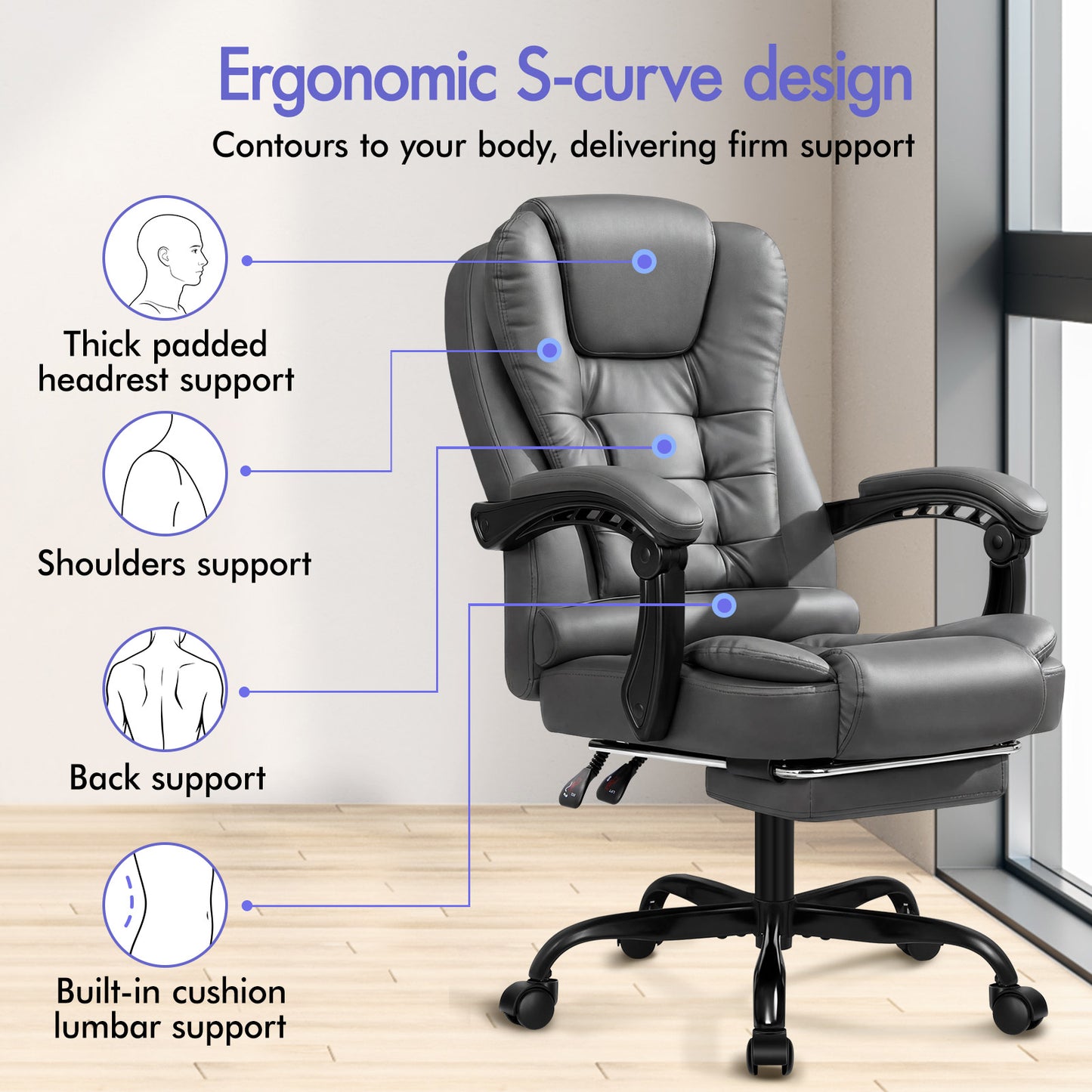 ELFORDSON Massage Office Chair with Footrest Executive Gaming Seat Leather Grey