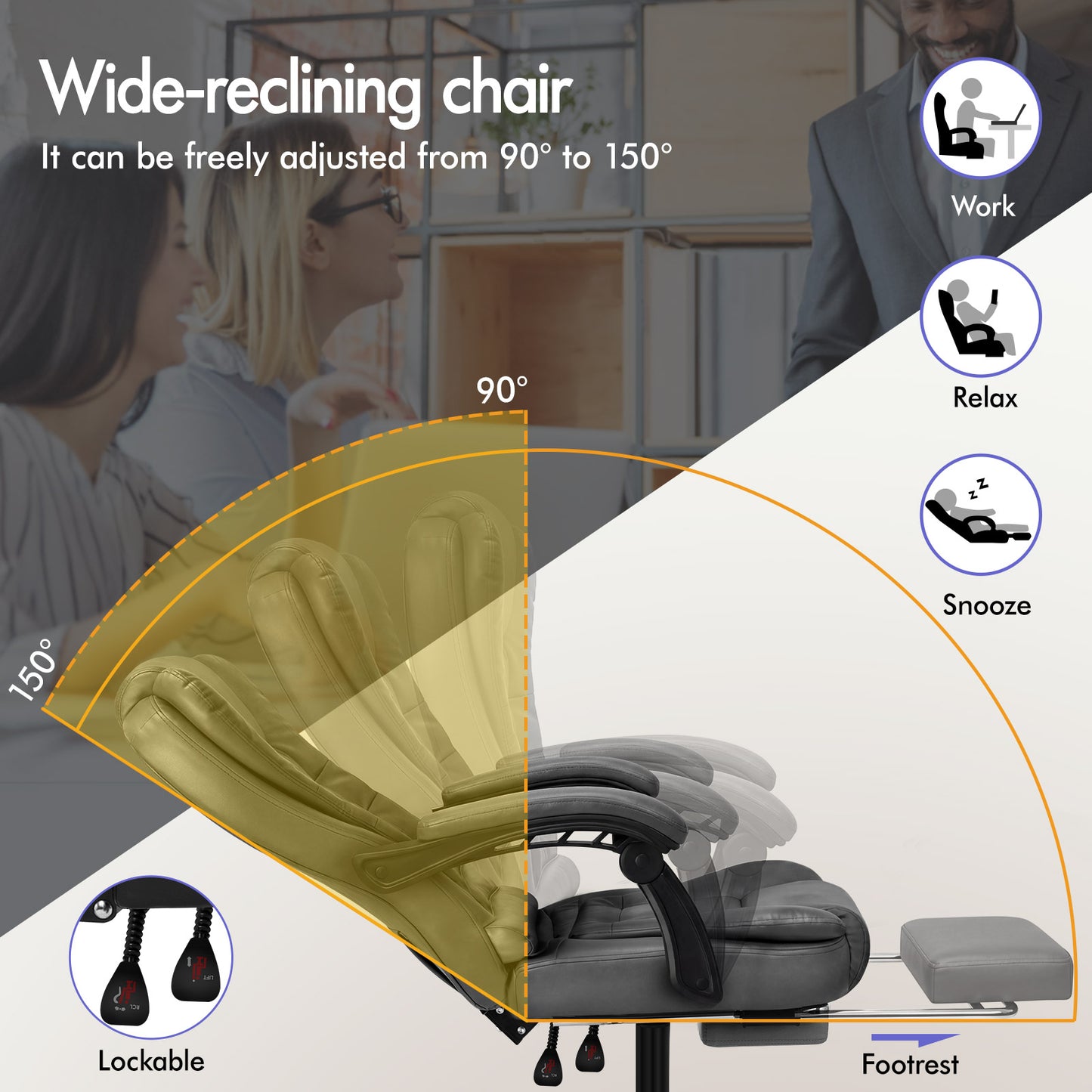 ELFORDSON Massage Office Chair with Footrest Executive Gaming Seat Leather Grey