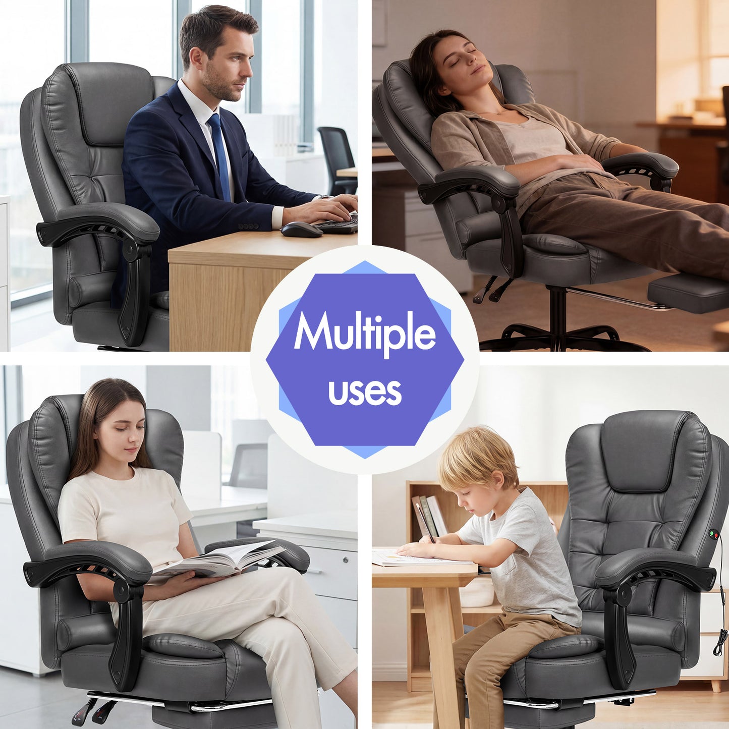 ELFORDSON Massage Office Chair with Footrest Executive Gaming Seat Leather Grey
