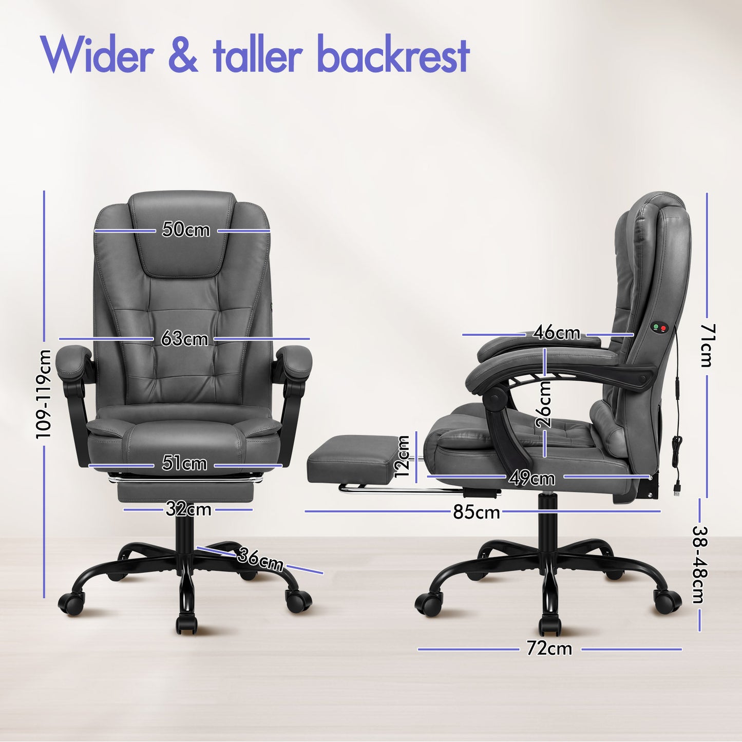 ELFORDSON Massage Office Chair with Footrest Executive Gaming Seat Leather Grey