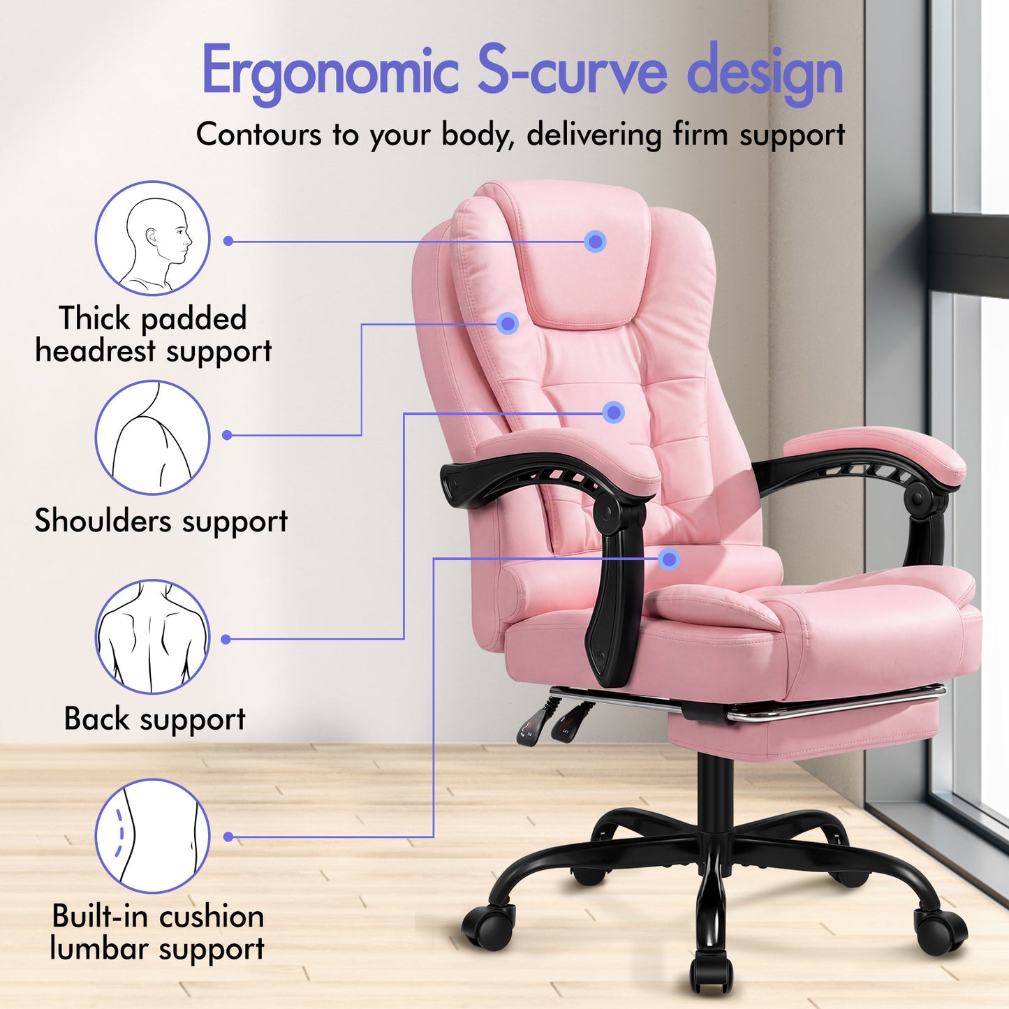 ELFORDSON Massage Office Chair with Footrest Executive Gaming Seat Leather Pink