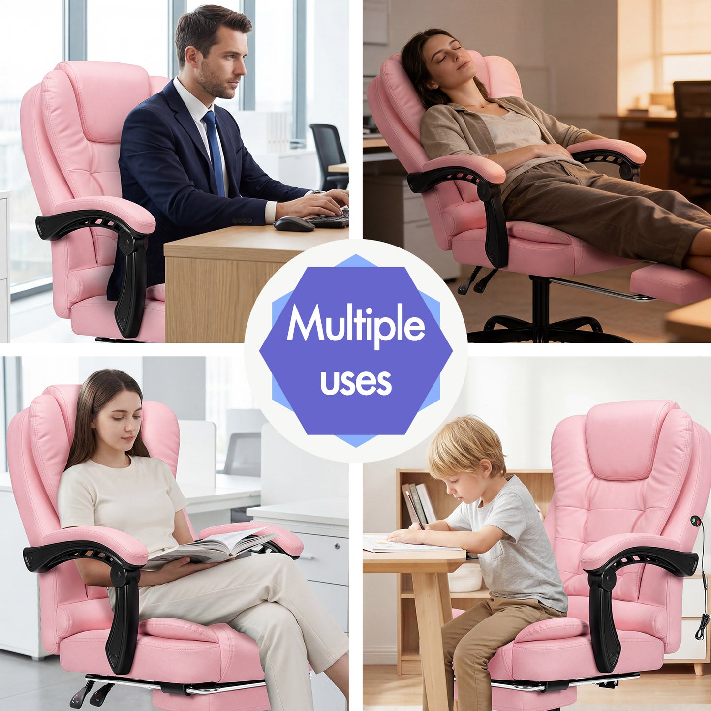 ELFORDSON Massage Office Chair with Footrest Executive Gaming Seat Leather Pink