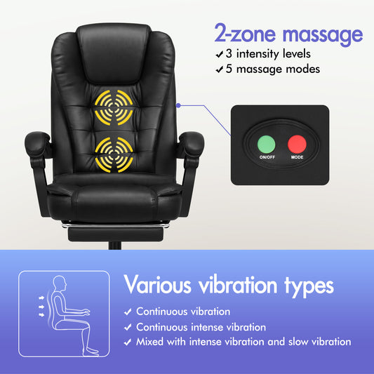 ELFORDSON Massage Office Chair with Footrest Executive Gaming Seat Leather Black