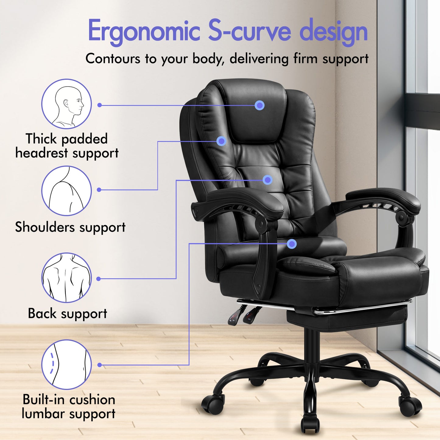 ELFORDSON Massage Office Chair with Footrest Executive Gaming Seat Leather Black