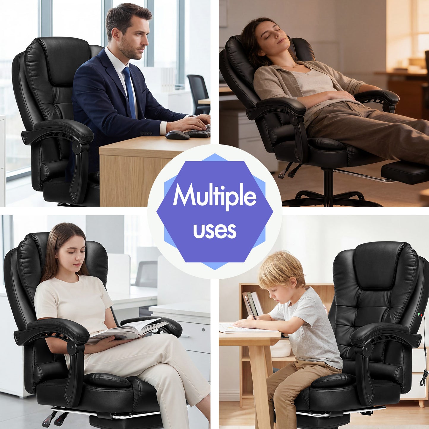 ELFORDSON Massage Office Chair with Footrest Executive Gaming Seat Leather Black