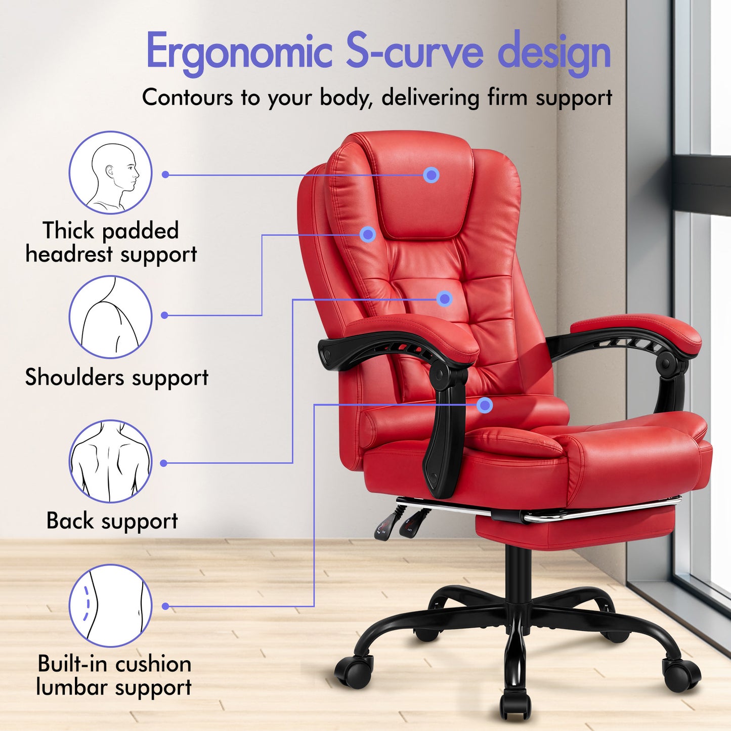 ELFORDSON Massage Office Chair with Footrest Executive Gaming Seat Leather Red