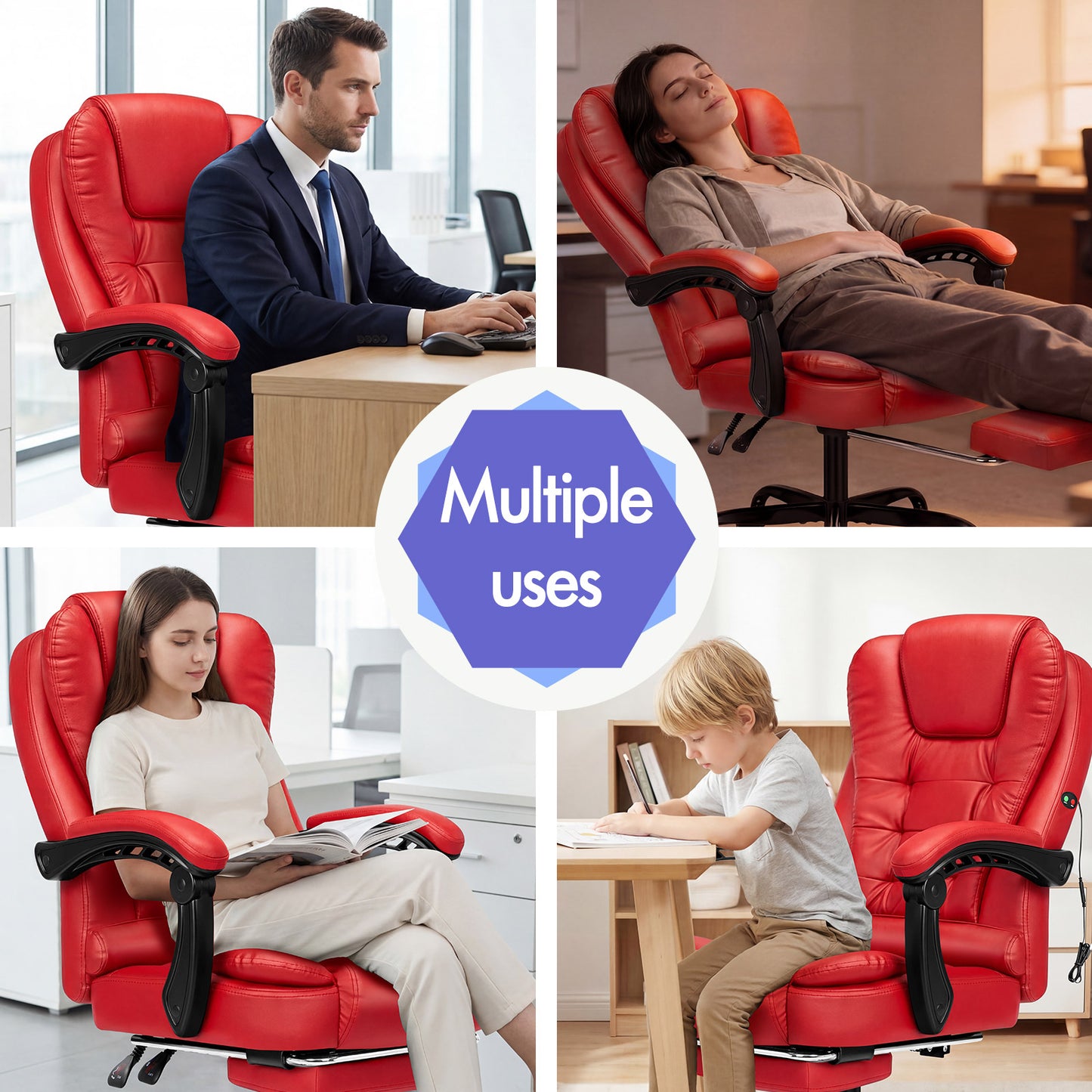ELFORDSON Massage Office Chair with Footrest Executive Gaming Seat Leather Red