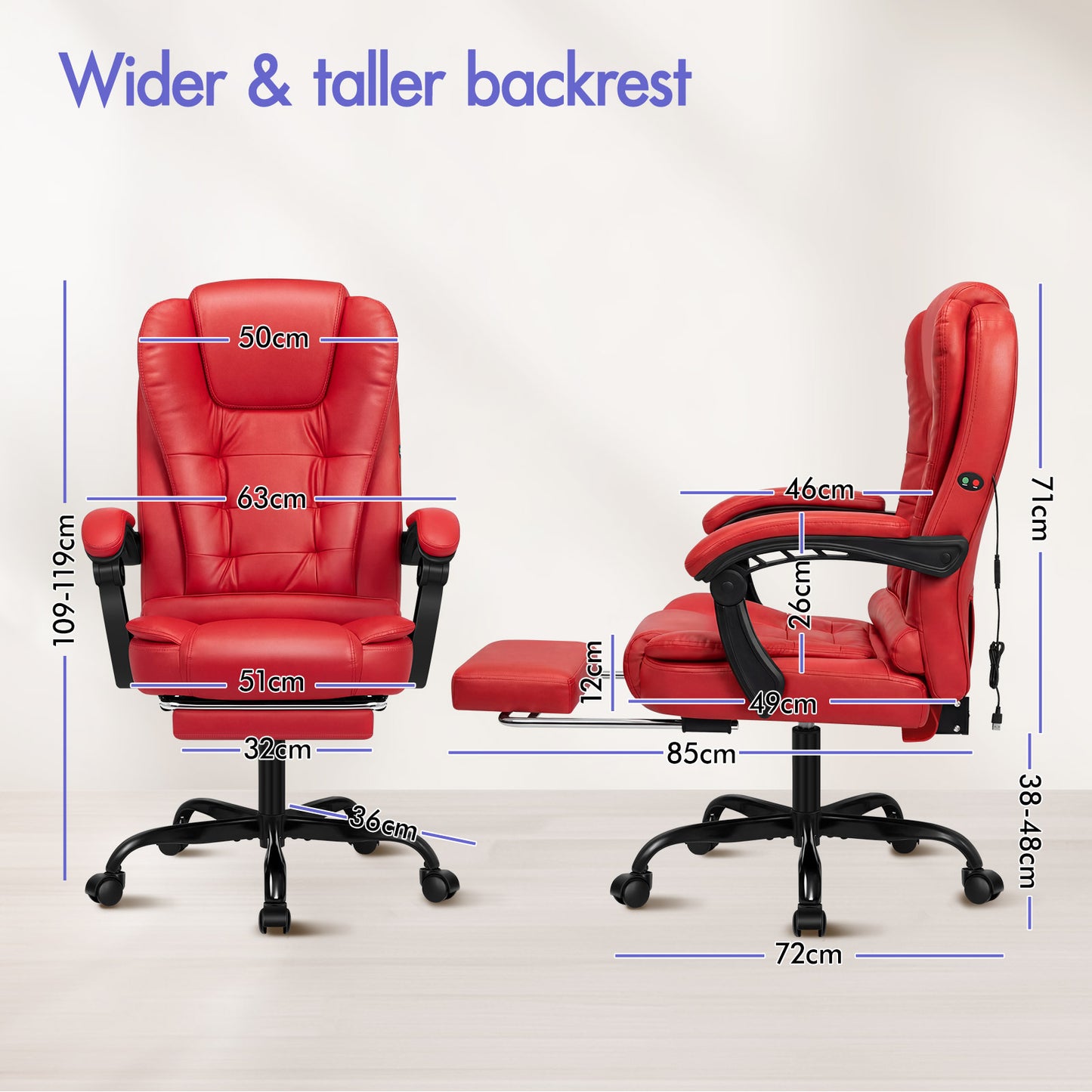 ELFORDSON Massage Office Chair with Footrest Executive Gaming Seat Leather Red