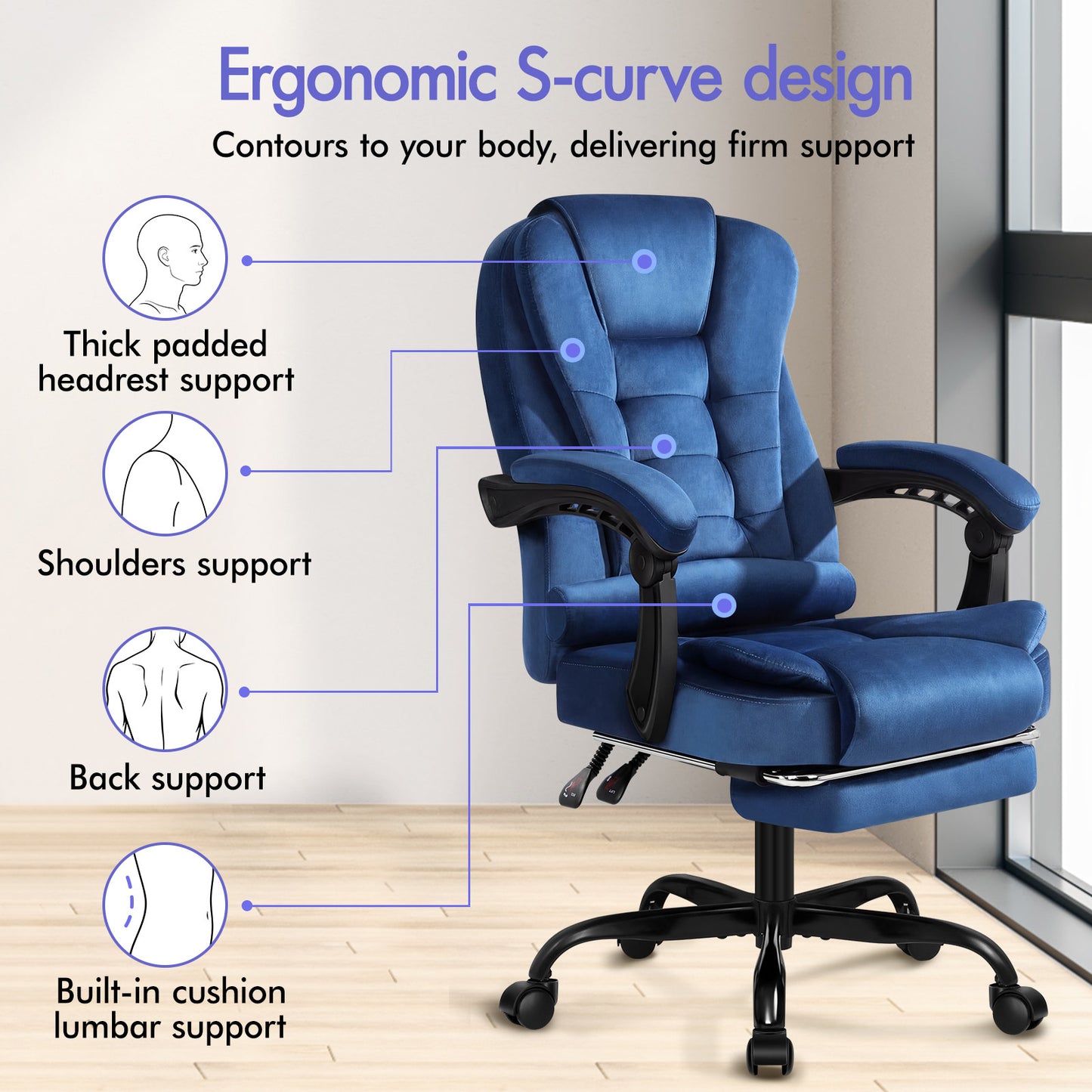 ELFORDSON Massage Office Chair with Footrest Executive Gaming Seat, Velvet Blue