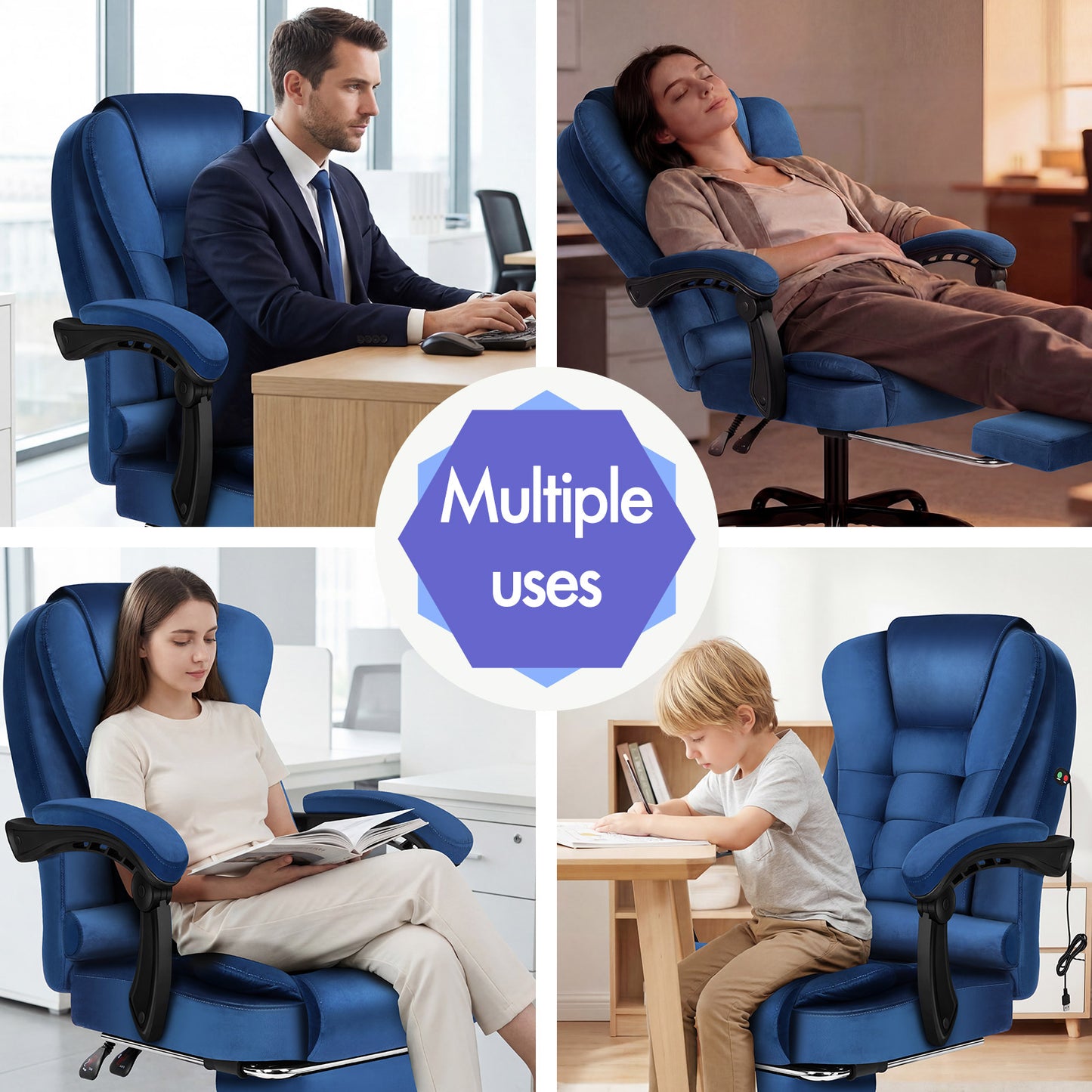 ELFORDSON Massage Office Chair with Footrest Executive Gaming Seat, Velvet Blue