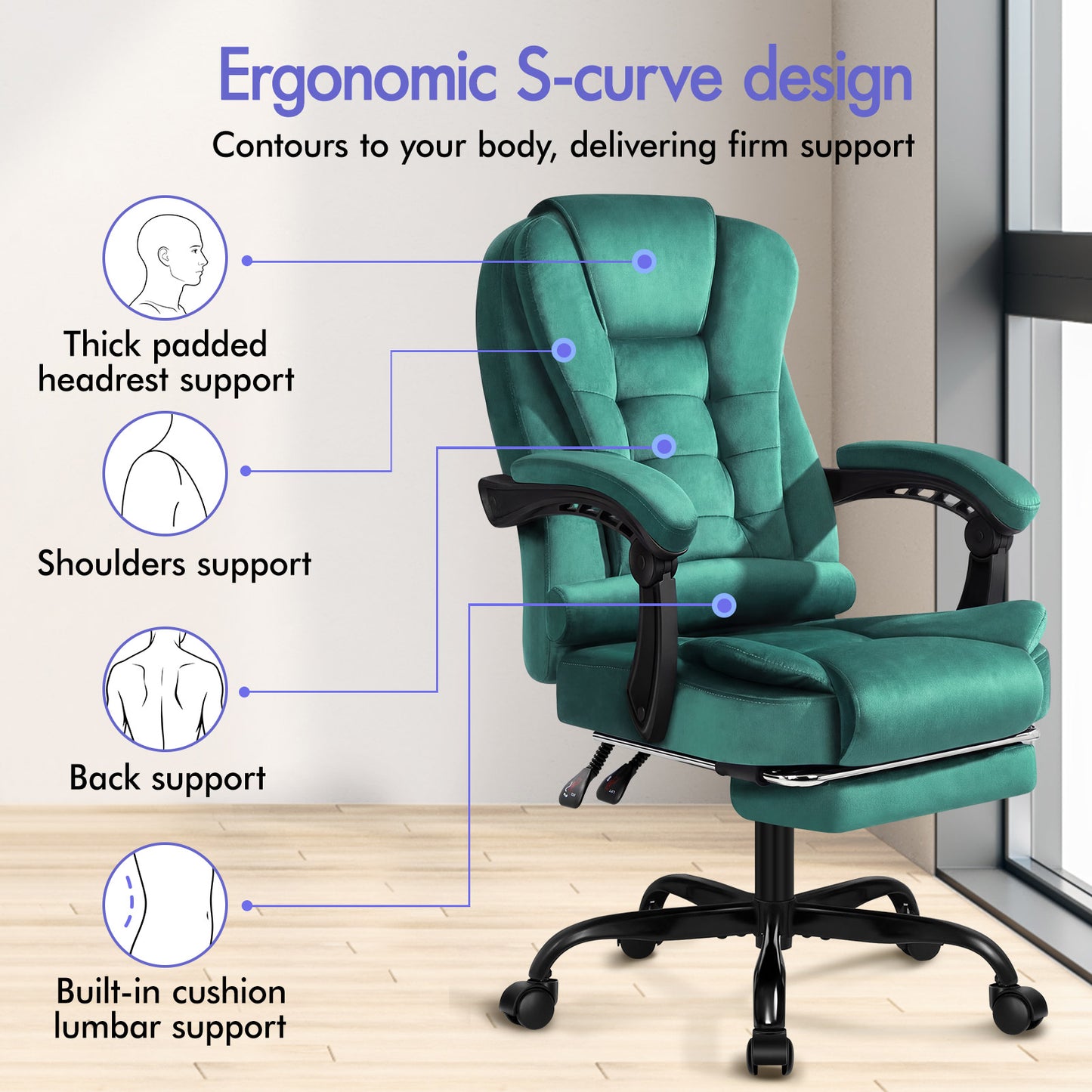 ELFORDSON Massage Office Chair with Footrest Executive Gaming Seat, Velvet Green