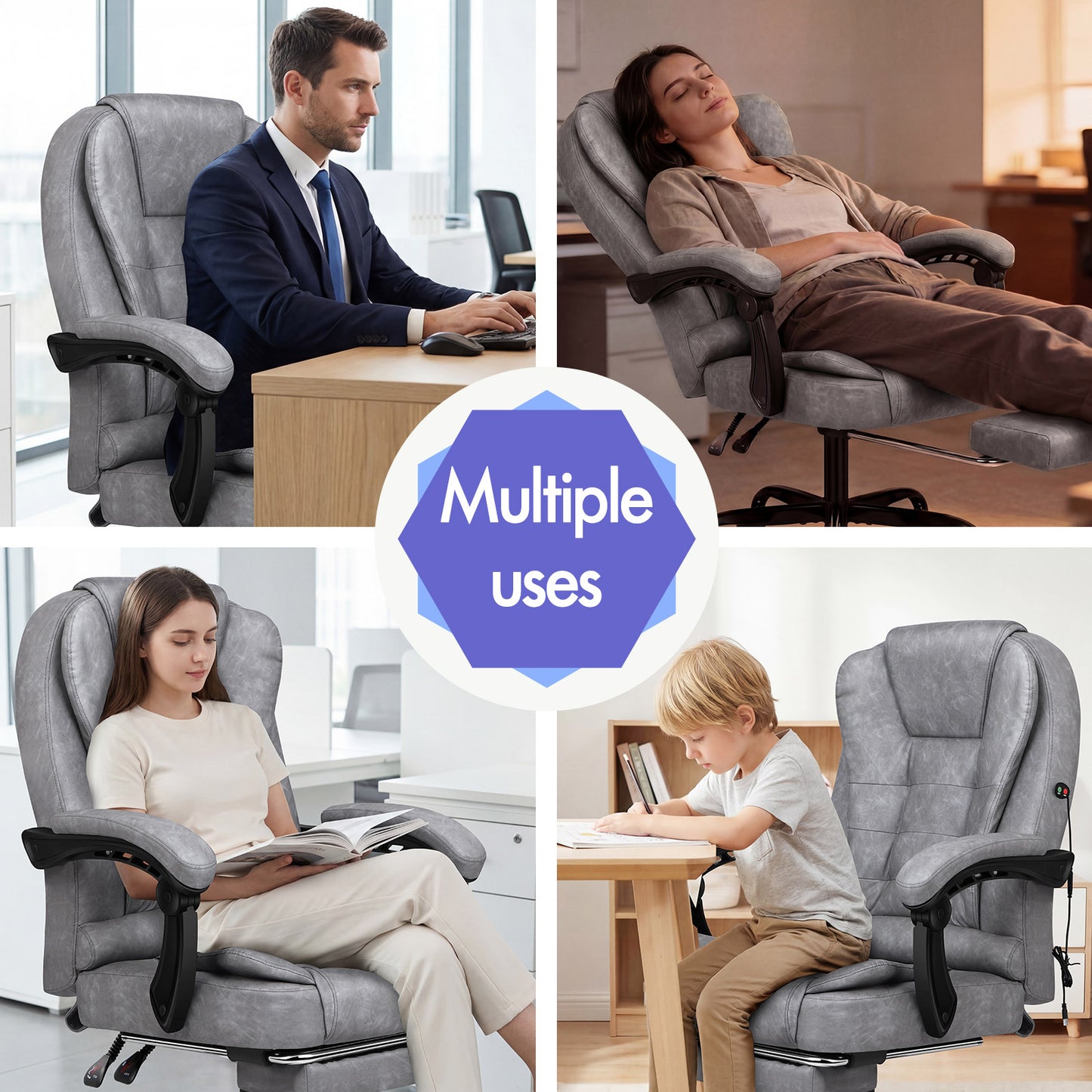 ELFORDSON Massage Office Chair with Footrest Executive Gaming Seat Upgraded Pull-up PU Leather, Vintage Grey