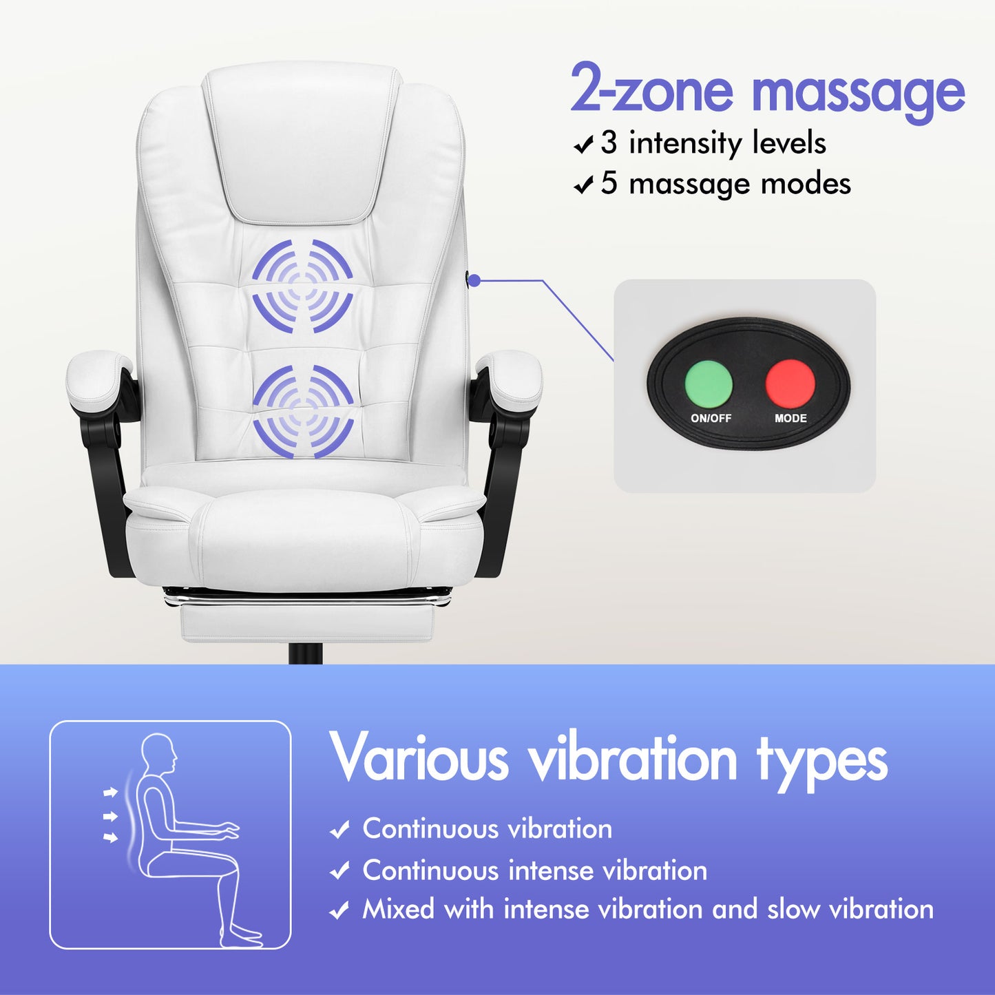 ELFORDSON Massage Office Chair with Footrest Executive Gaming Seat Leather White
