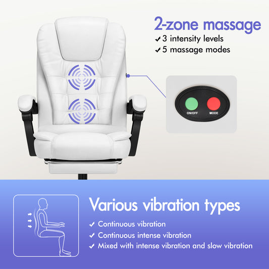 ELFORDSON Massage Office Chair with Footrest Executive Gaming Seat Leather White
