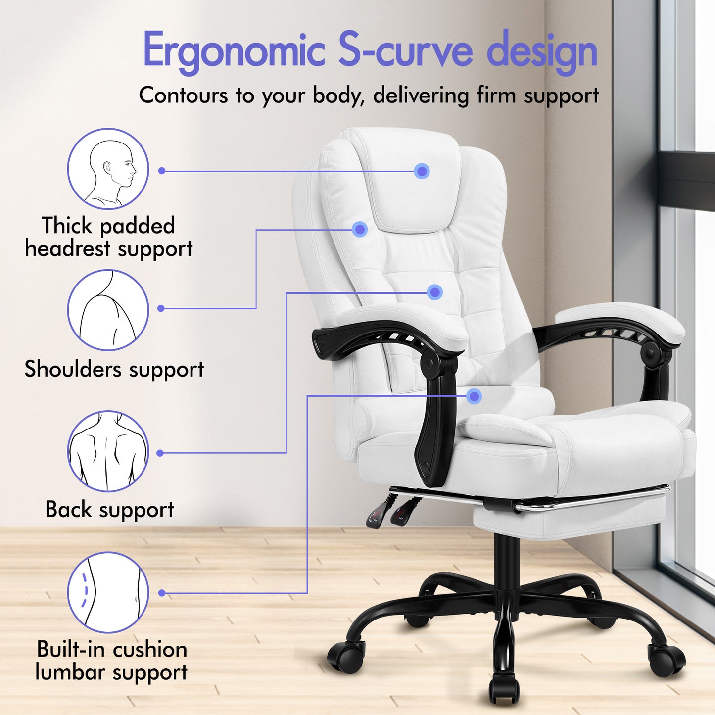 ELFORDSON Massage Office Chair with Footrest Executive Gaming Seat Leather White