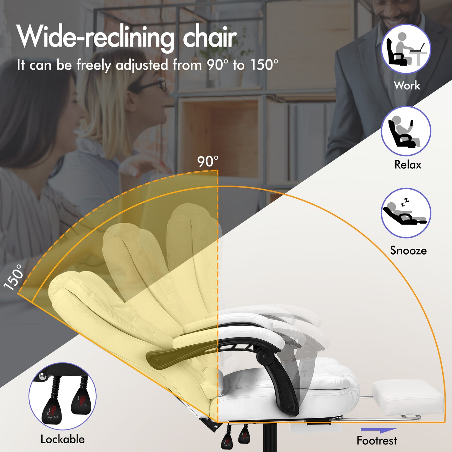 ELFORDSON Massage Office Chair with Footrest Executive Gaming Seat Leather White