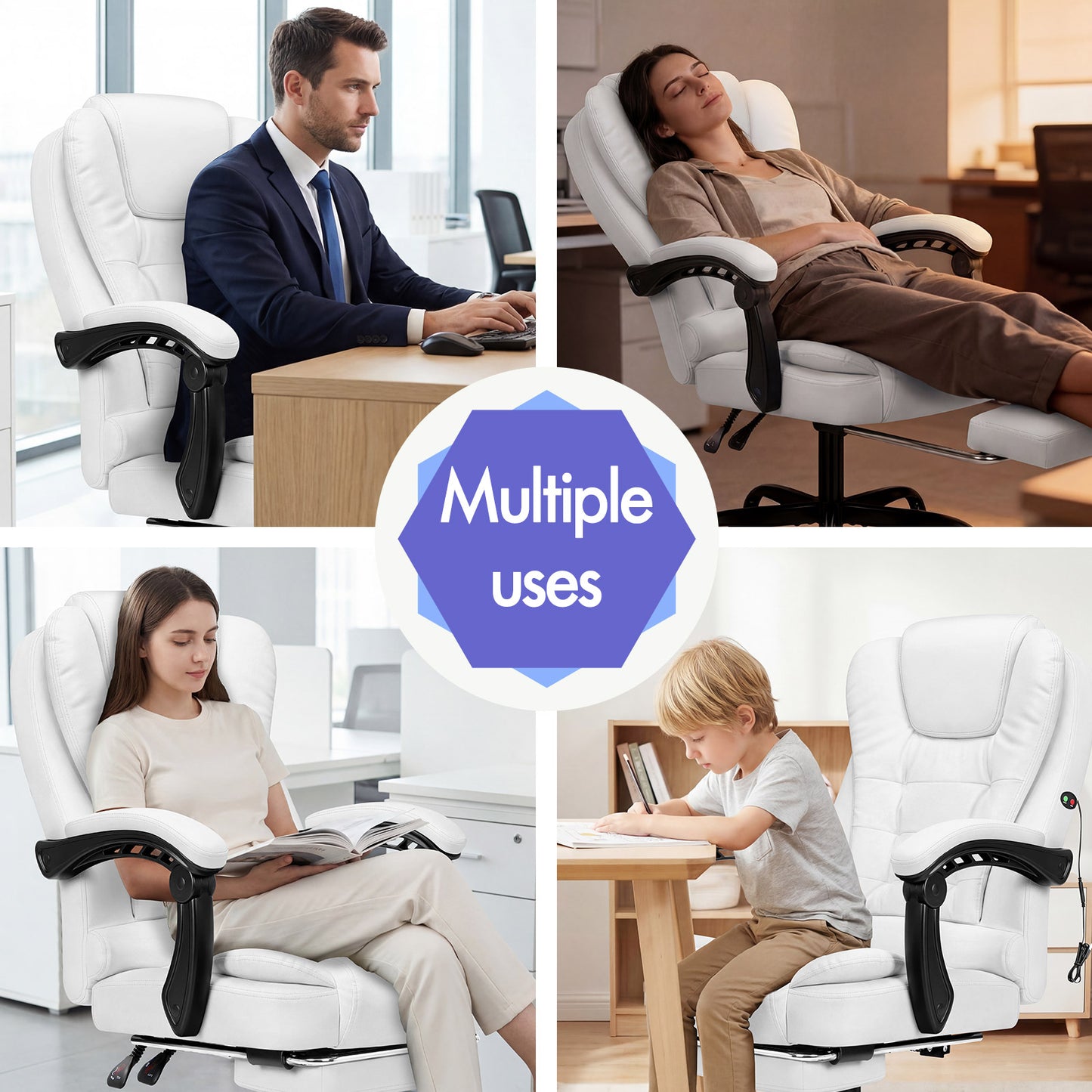 ELFORDSON Massage Office Chair with Footrest Executive Gaming Seat Leather White