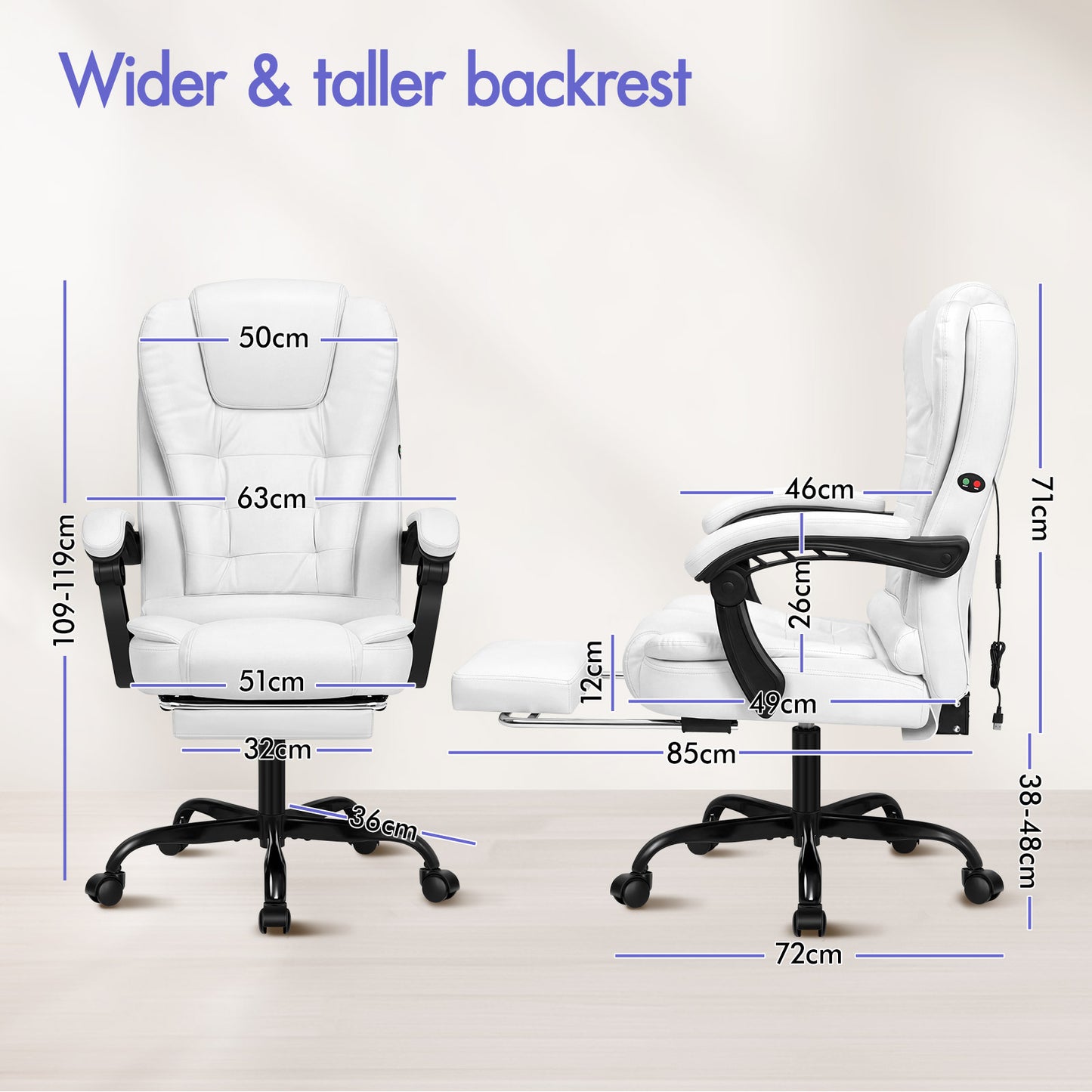 ELFORDSON Massage Office Chair with Footrest Executive Gaming Seat Leather White