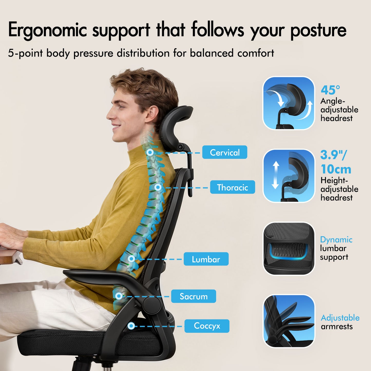 ELFORDSON Mesh Office Chair Executive Fabric Seat Tilt Computer All Black