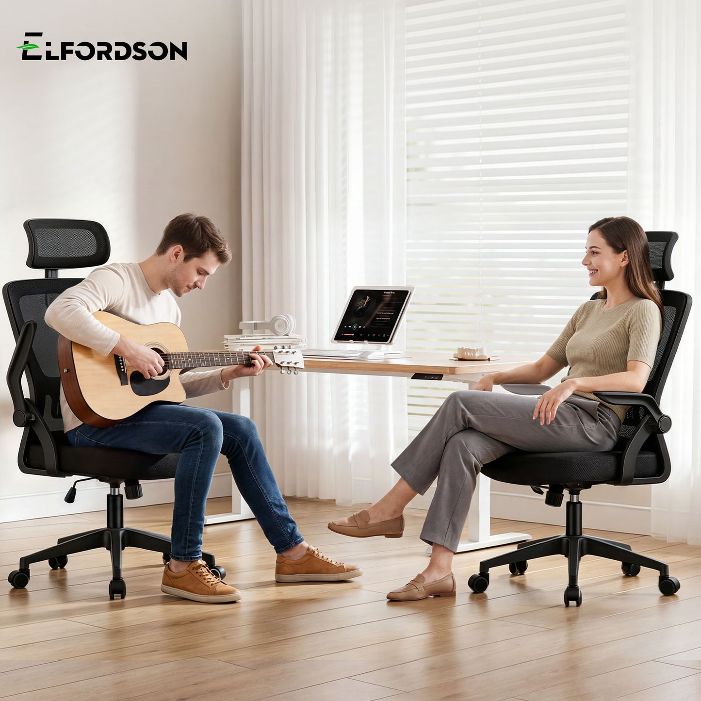 ELFORDSON Mesh Office Chair Executive Fabric Seat Tilt Computer All Black