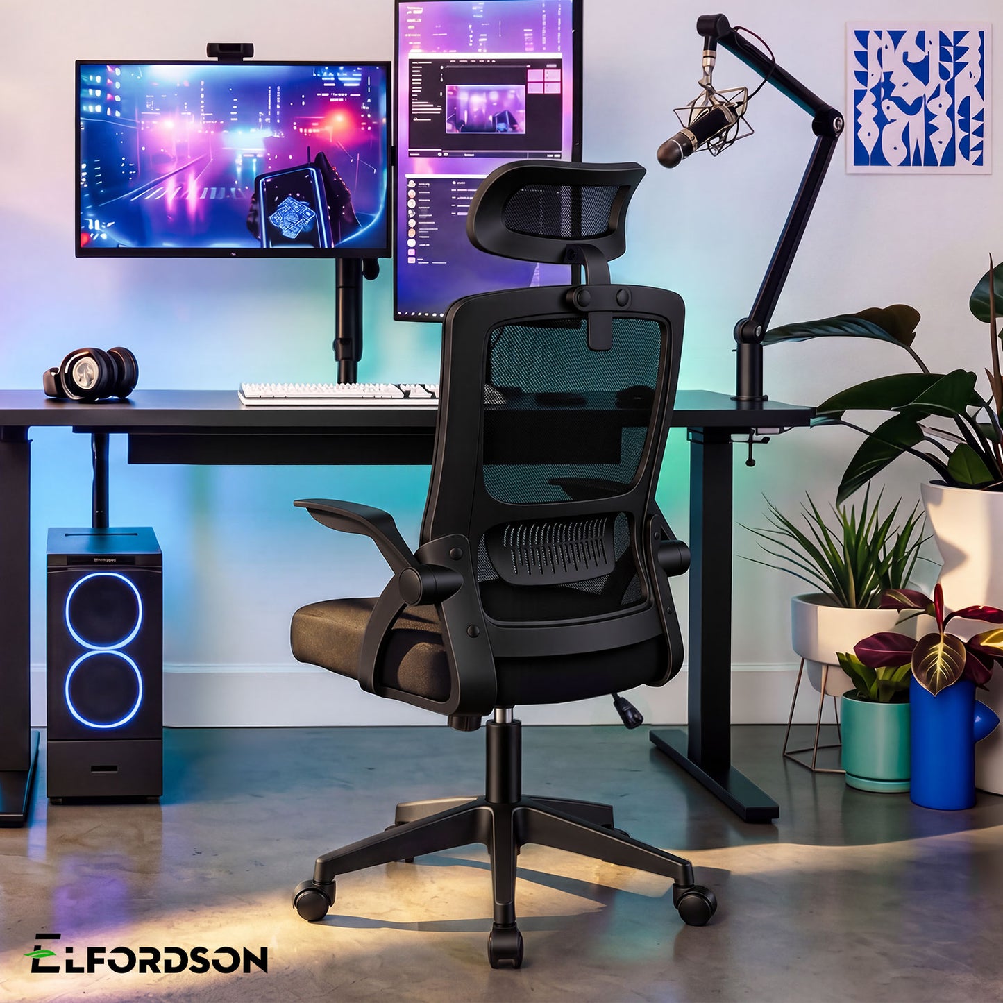 ELFORDSON Mesh Office Chair Executive Fabric Seat Tilt Computer All Black