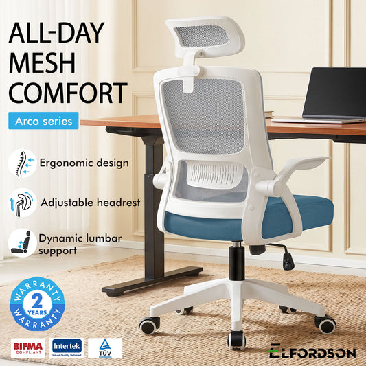 ELFORDSON Mesh Office Chair Executive Fabric Seat Tilt Computer Blue and Grey