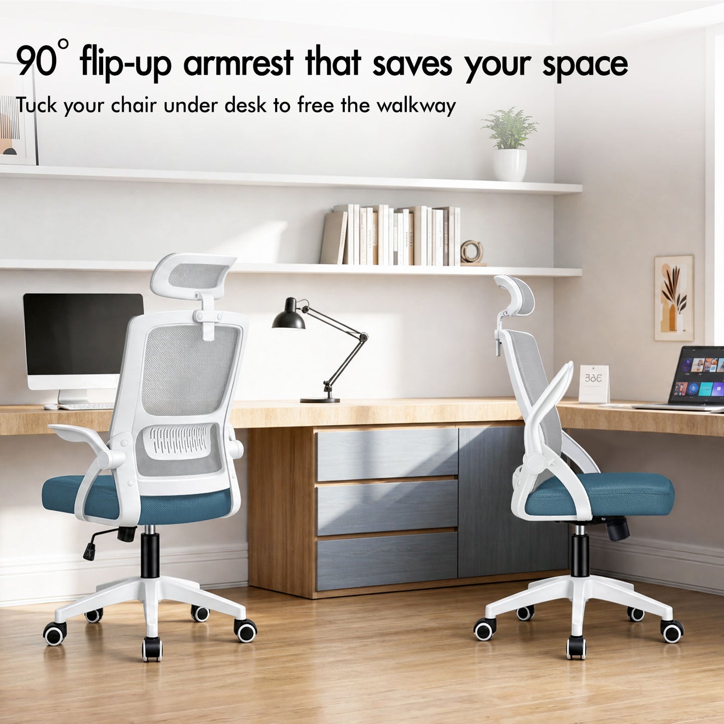 ELFORDSON Mesh Office Chair Executive Fabric Seat Tilt Computer Blue and Grey
