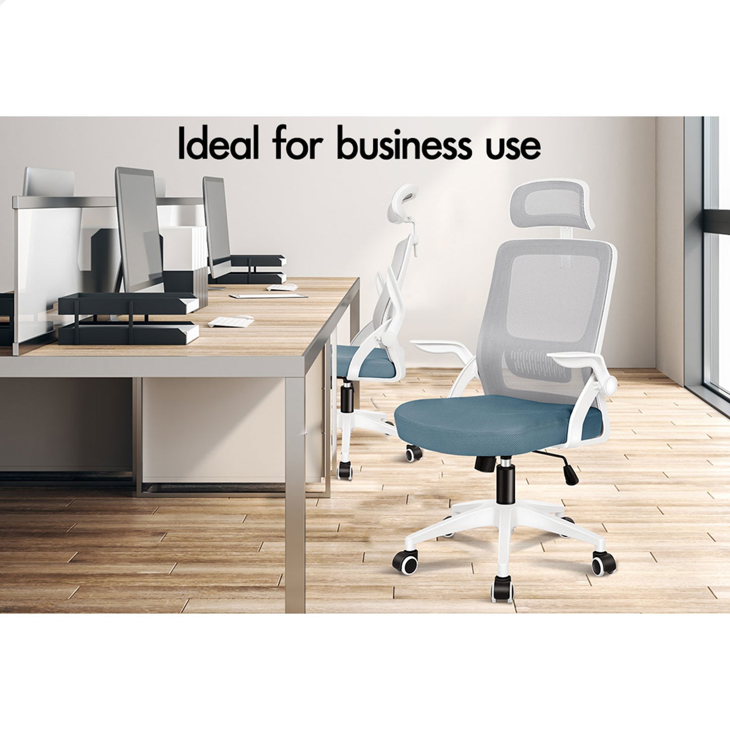 ELFORDSON Mesh Office Chair Executive Fabric Seat Tilt Computer Blue and Grey