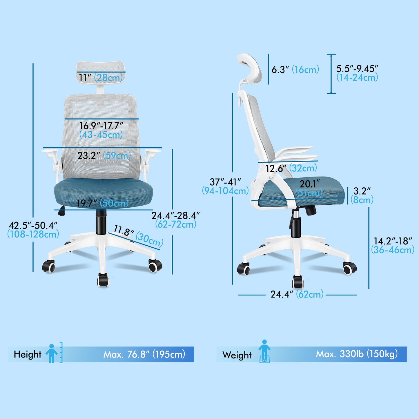 ELFORDSON Mesh Office Chair Executive Fabric Seat Tilt Computer Blue and Grey