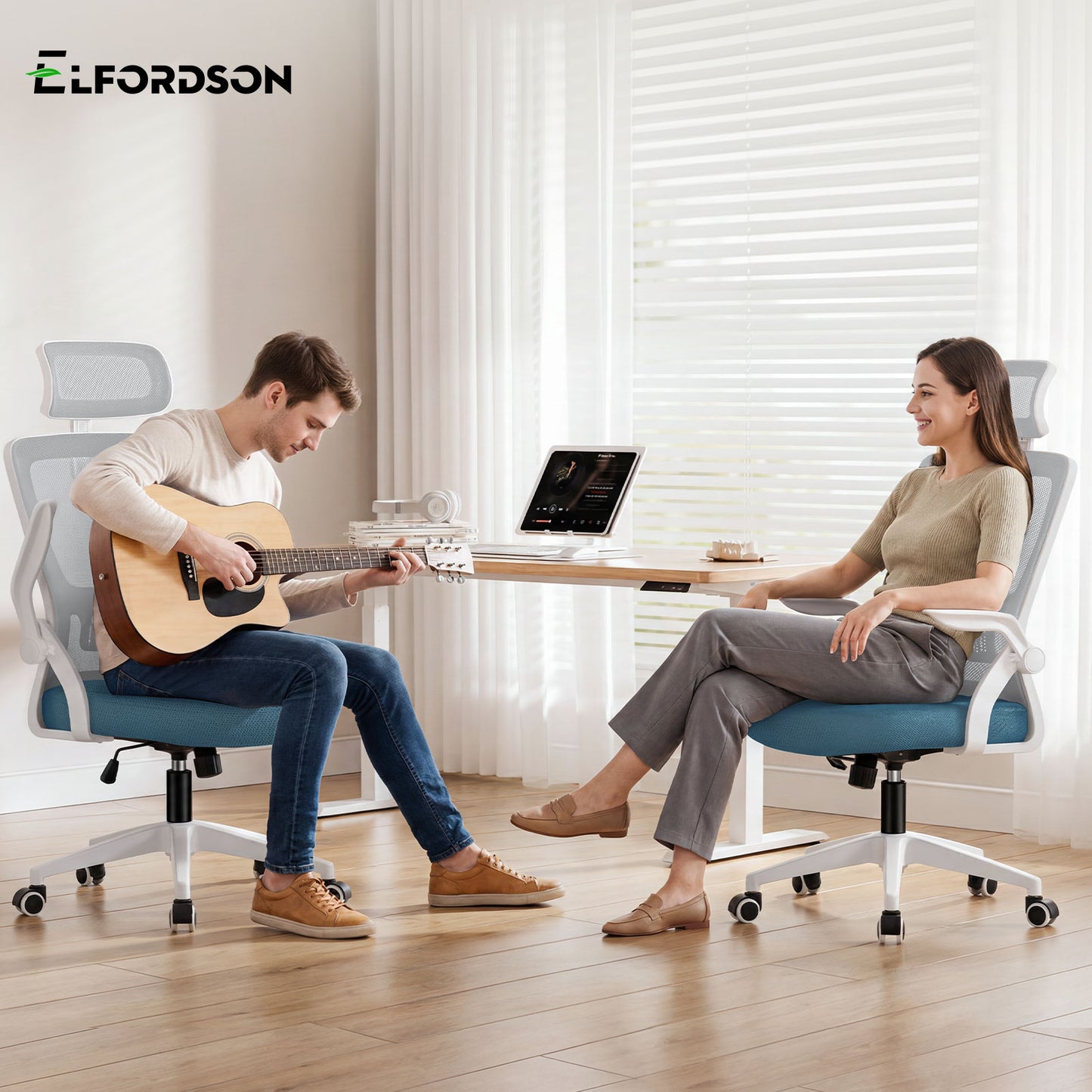 ELFORDSON Mesh Office Chair Executive Fabric Seat Tilt Computer Blue and Grey