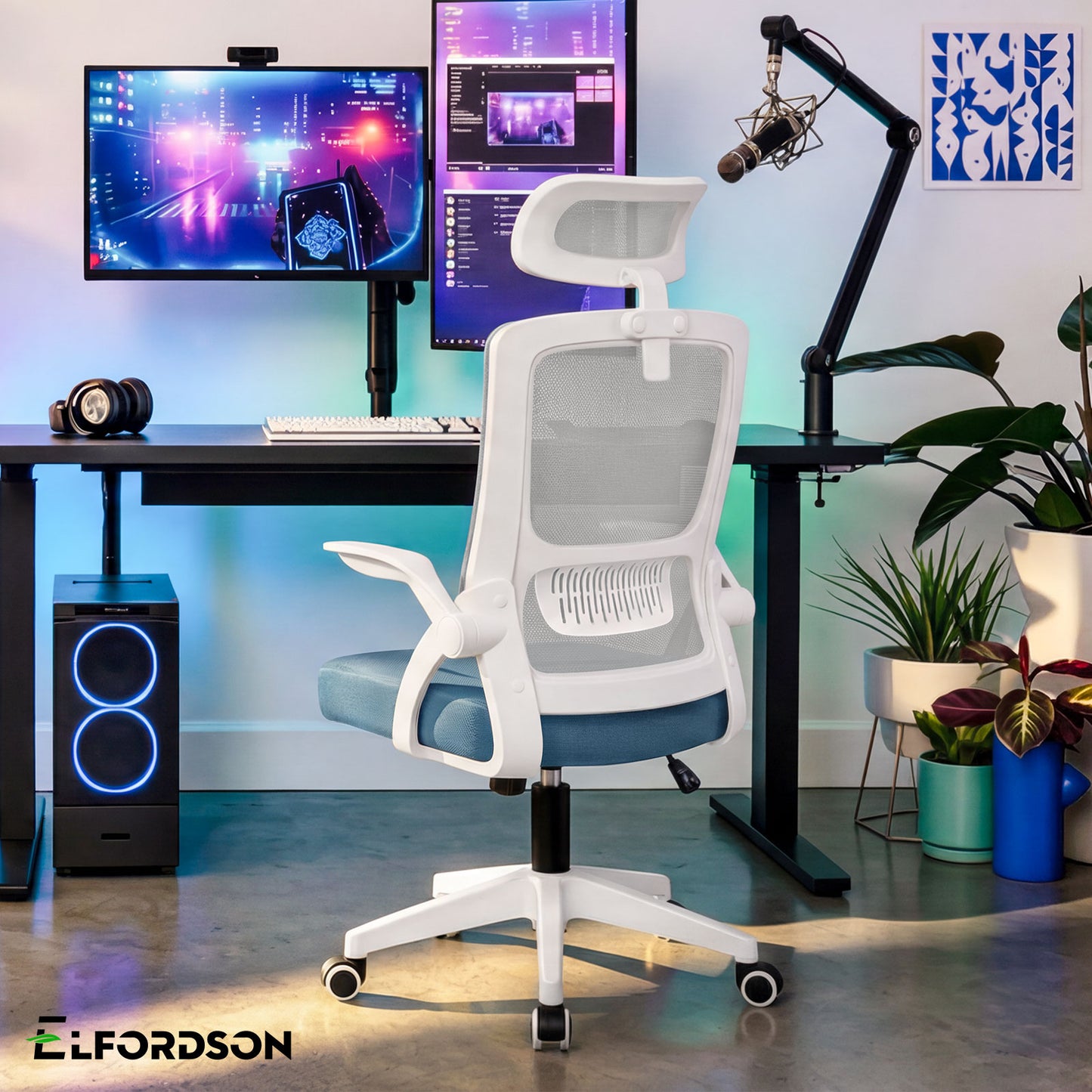 ELFORDSON Mesh Office Chair Executive Fabric Seat Tilt Computer Blue and Grey