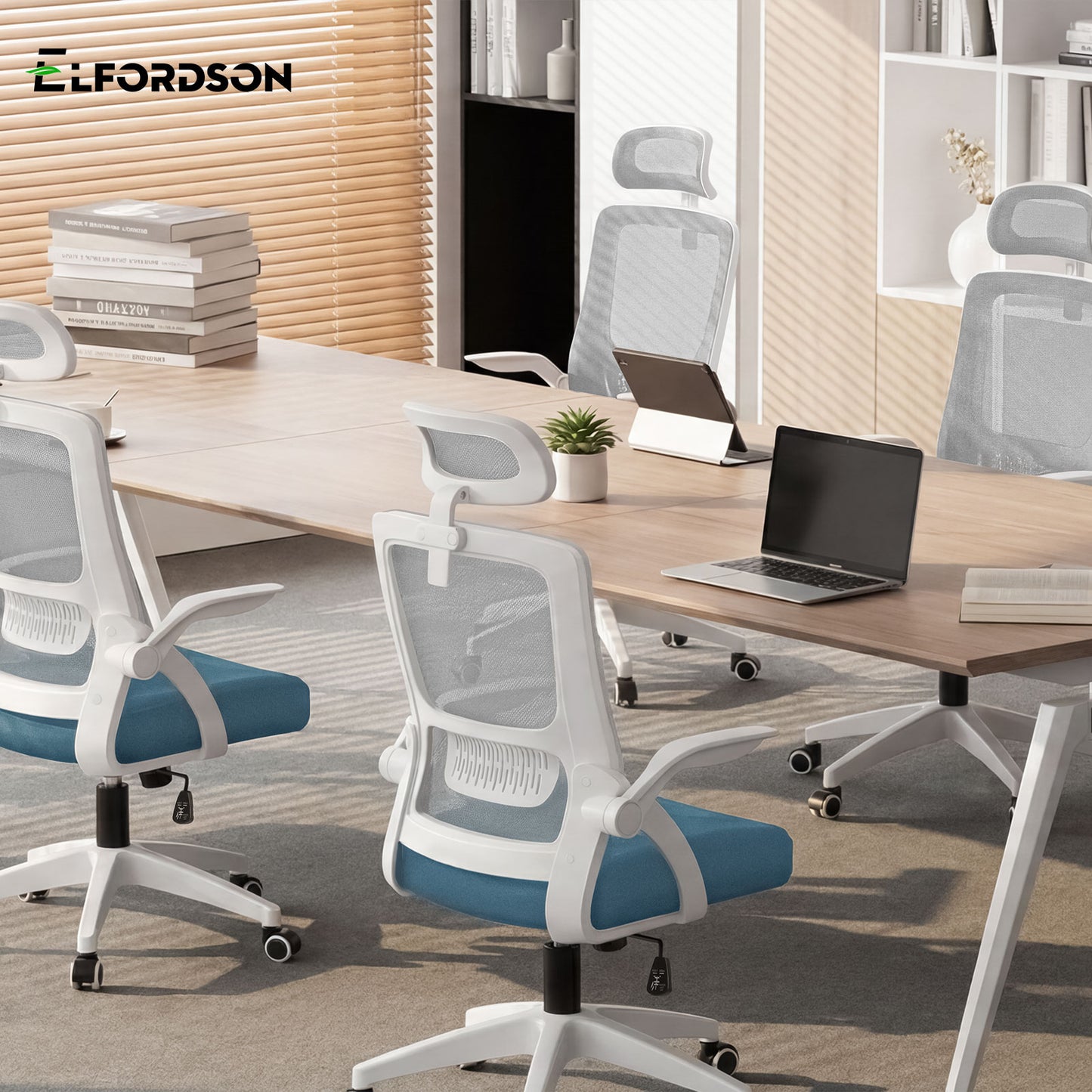 ELFORDSON Mesh Office Chair Executive Fabric Seat Tilt Computer Blue and Grey