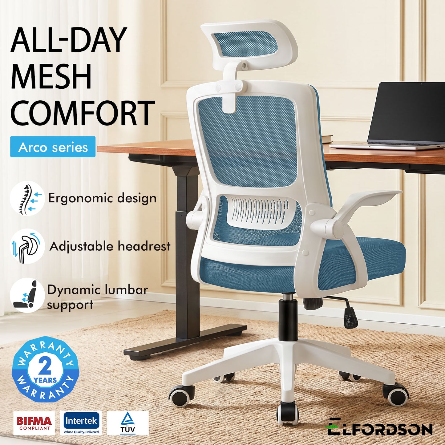 ELFORDSON Mesh Office Chair Executive Fabric Seat Tilt Computer Blue