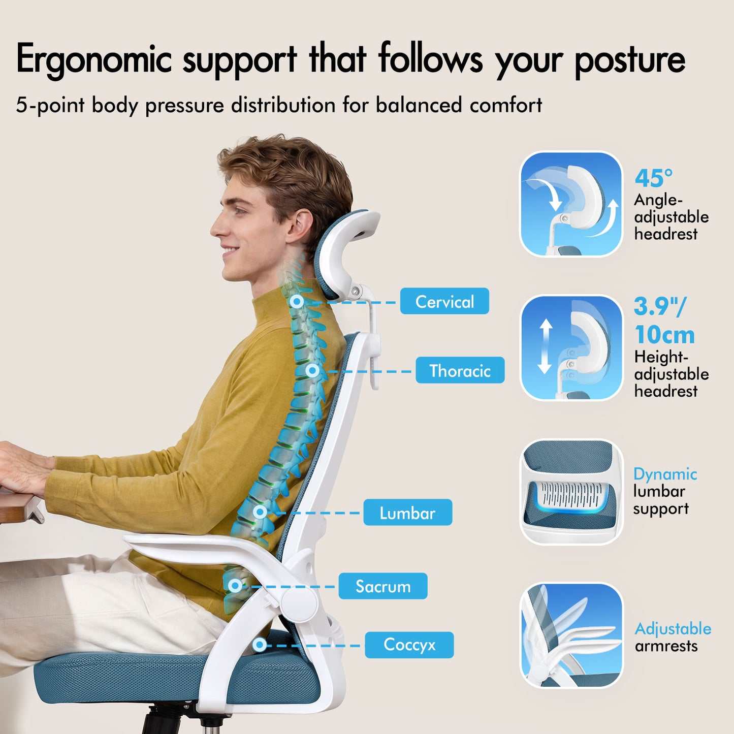 ELFORDSON Mesh Office Chair Executive Fabric Seat Tilt Computer Blue