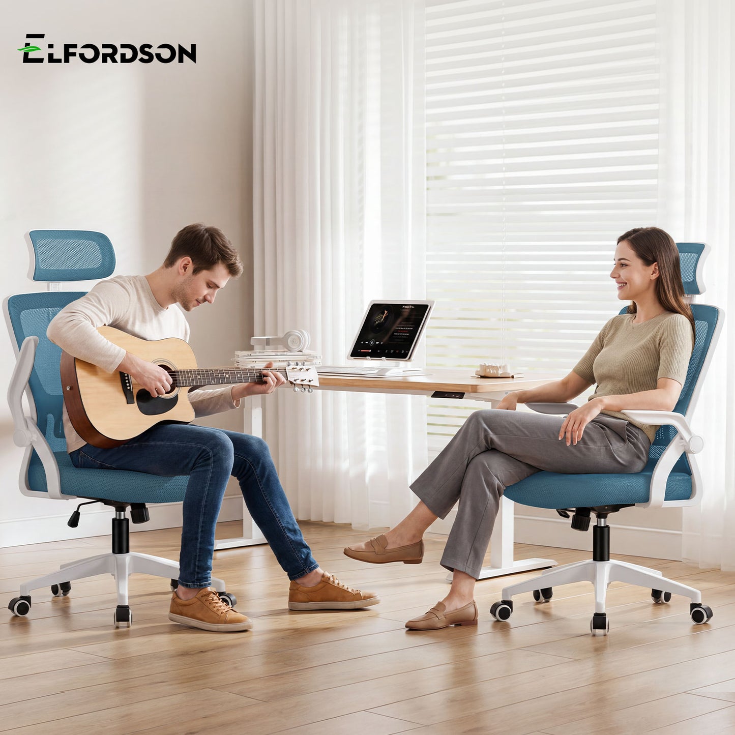 ELFORDSON Mesh Office Chair Executive Fabric Seat Tilt Computer Blue
