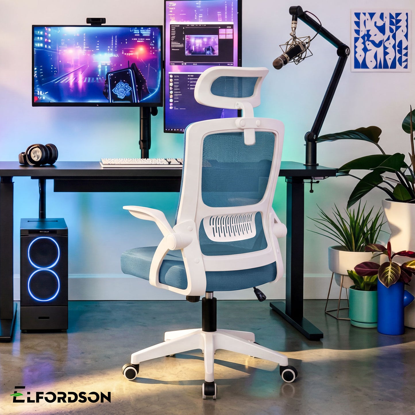 ELFORDSON Mesh Office Chair Executive Fabric Seat Tilt Computer Blue