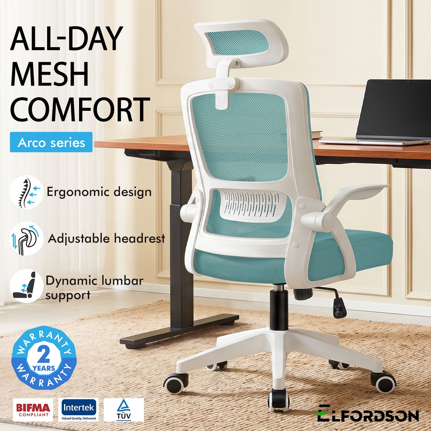 ELFORDSON Mesh Office Chair Executive Fabric Seat Tilt Computer Cyan
