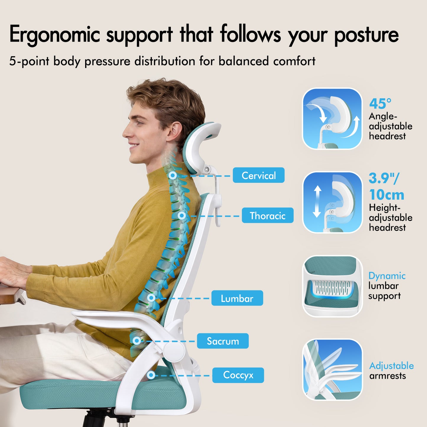ELFORDSON Mesh Office Chair Executive Fabric Seat Tilt Computer Cyan