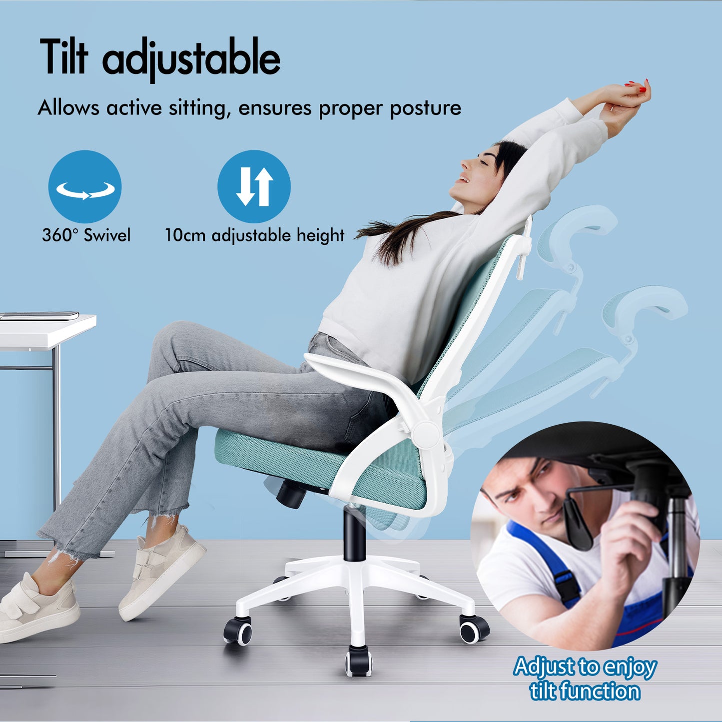 ELFORDSON Mesh Office Chair Executive Fabric Seat Tilt Computer Cyan