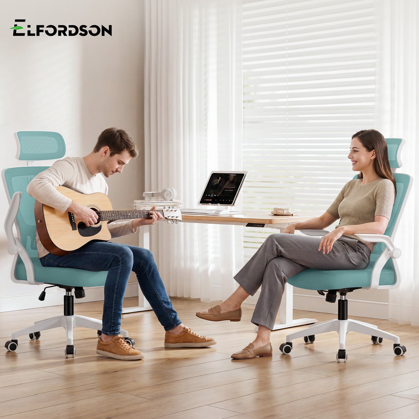 ELFORDSON Mesh Office Chair Executive Fabric Seat Tilt Computer Cyan