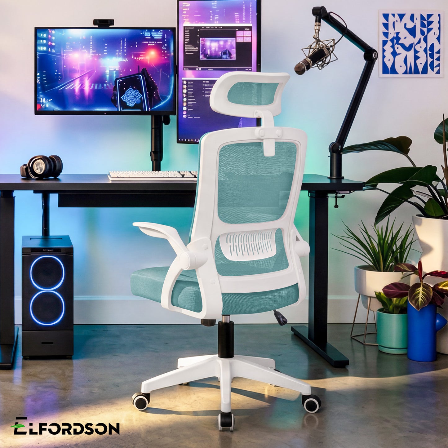 ELFORDSON Mesh Office Chair Executive Fabric Seat Tilt Computer Cyan