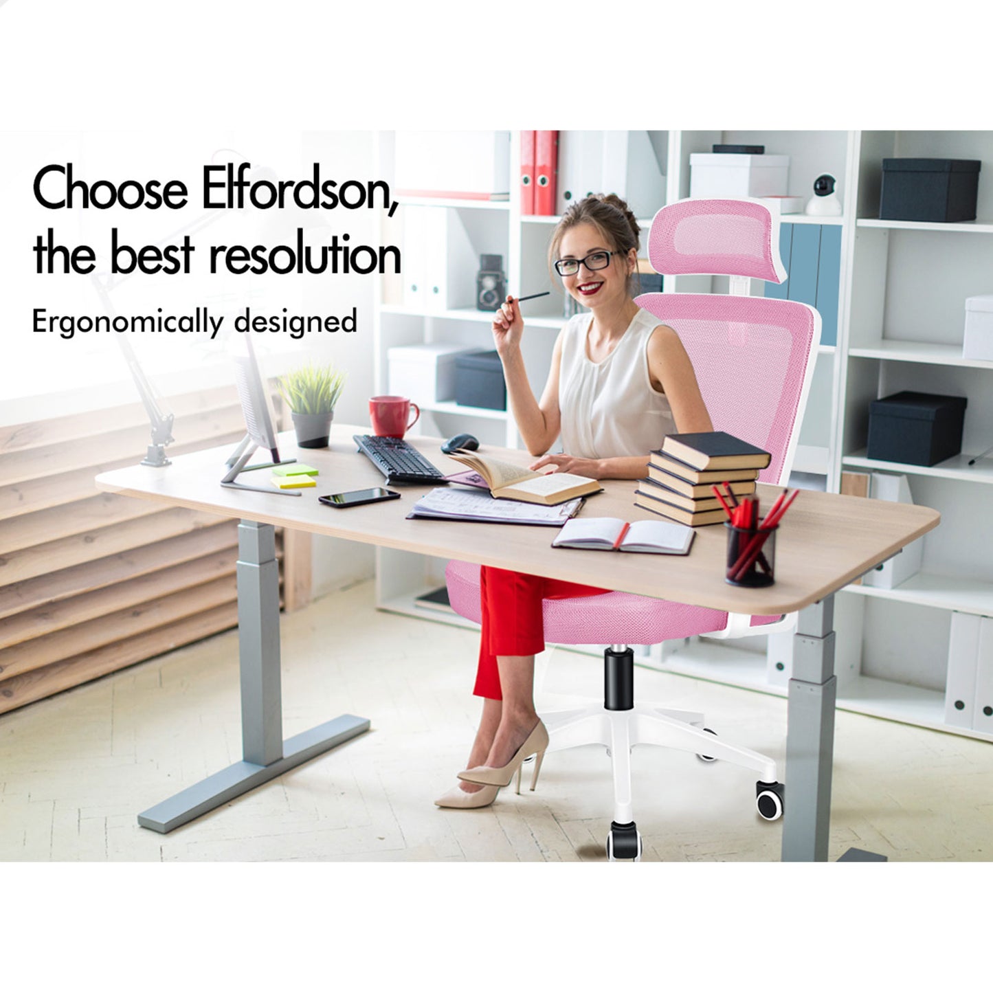 ELFORDSON Mesh Office Chair Executive Fabric Seat Tilt Computer Pink