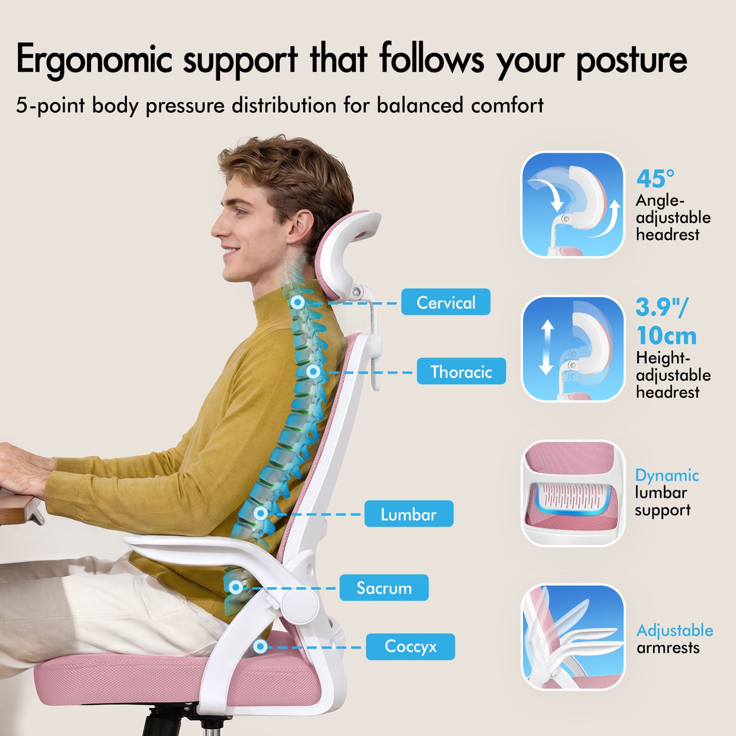 ELFORDSON Mesh Office Chair Executive Fabric Seat Tilt Computer Pink