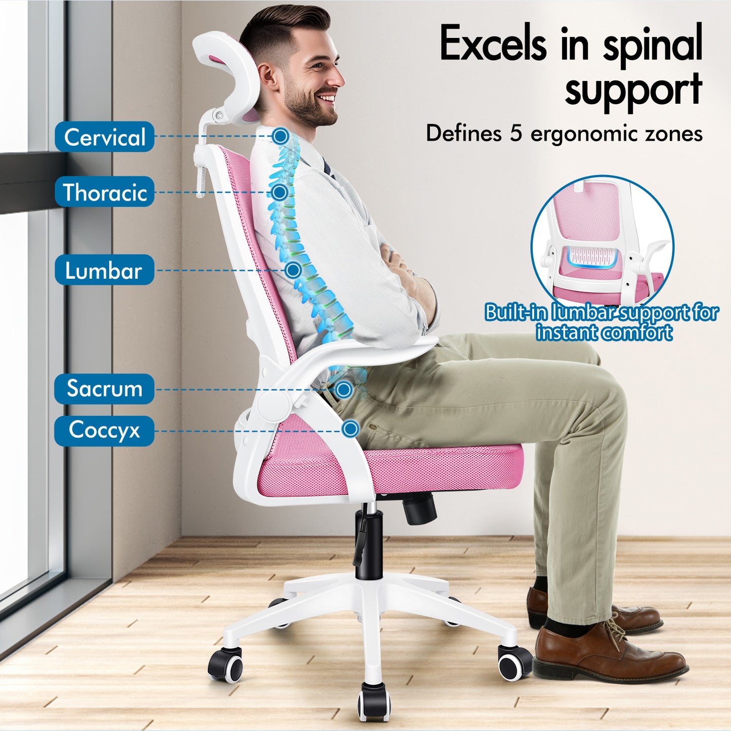 ELFORDSON Mesh Office Chair Executive Fabric Seat Tilt Computer Pink